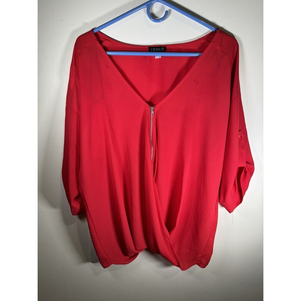 Venus Red Roll Tab Sleeve Top Womens Medium Front Zip V-Neck Blouse Casual Work
